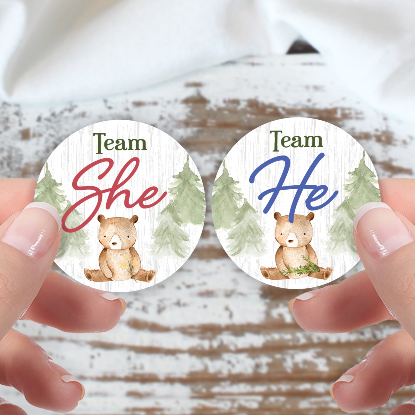 Woodland Bear: Gender Reveal Party - We Can Bearly Wait, Team He or She - 40 Stickers - Distinctivs Party