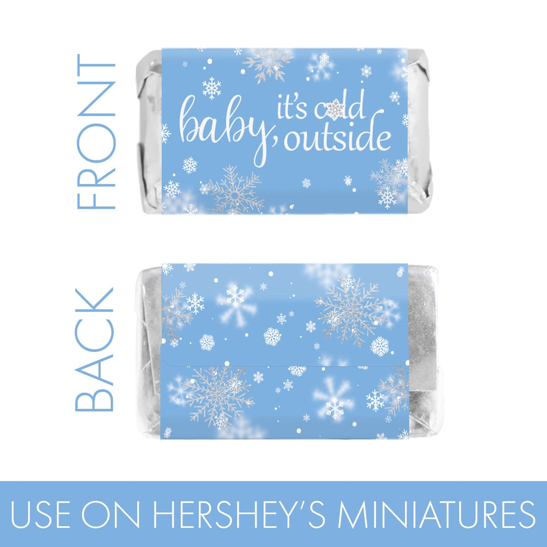 Little Snowflake: Blue - Mini envoltorios para barra de dulces para baby shower de invierno - Se adapta a miniaturas de Hershey® - Niño - Bebé hace frío afuera - 45 pegatinas