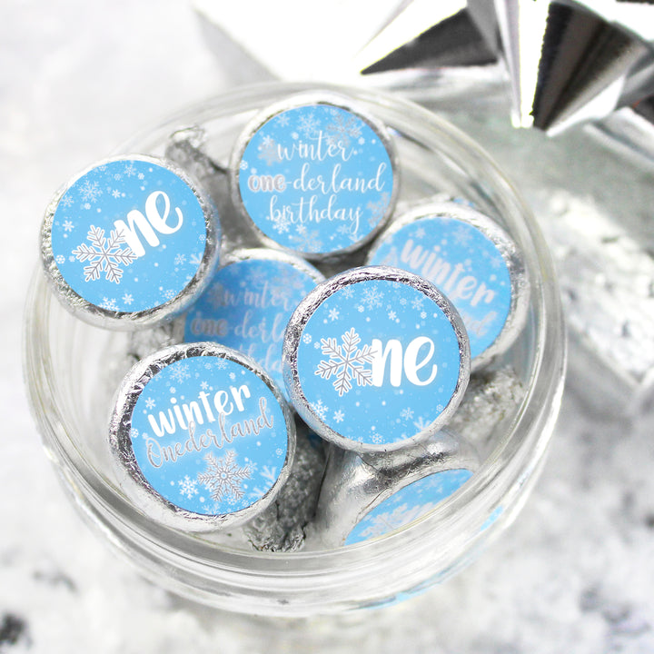 Onederland Snowflake: Blue - Winter First Birthday - Favor Stickers - Fits on Hershey's Kisses - 180 Stickers