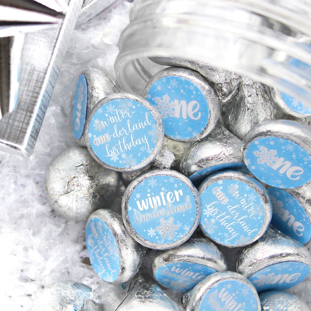 Onederland Snowflake: Blue - Winter First Birthday - Favor Stickers - Fits on Hershey's Kisses - 180 Stickers