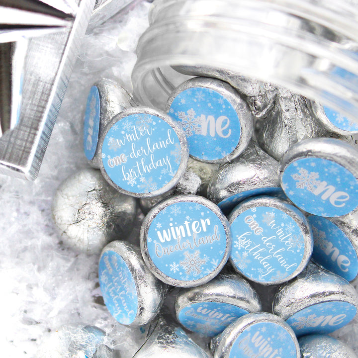 Onederland Snowflake: Blue - Winter First Birthday - Favor Stickers - Fits on Hershey's Kisses - 180 Stickers