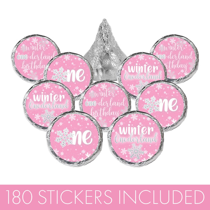 Onederland Snowflake: Pink - Winter First Birthday - Favor Stickers - Fits on Hershey's Kisses - 180 Stickers