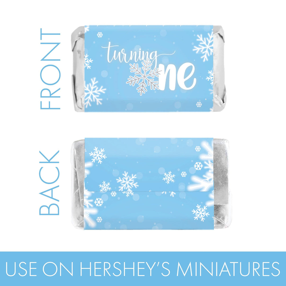 Onederland Copo de Nieve: Azul - Primer Cumpleaños de Invierno - Pegatinas Hershey's Miniatures Candy Bar Wrappers - 45 Pegatinas