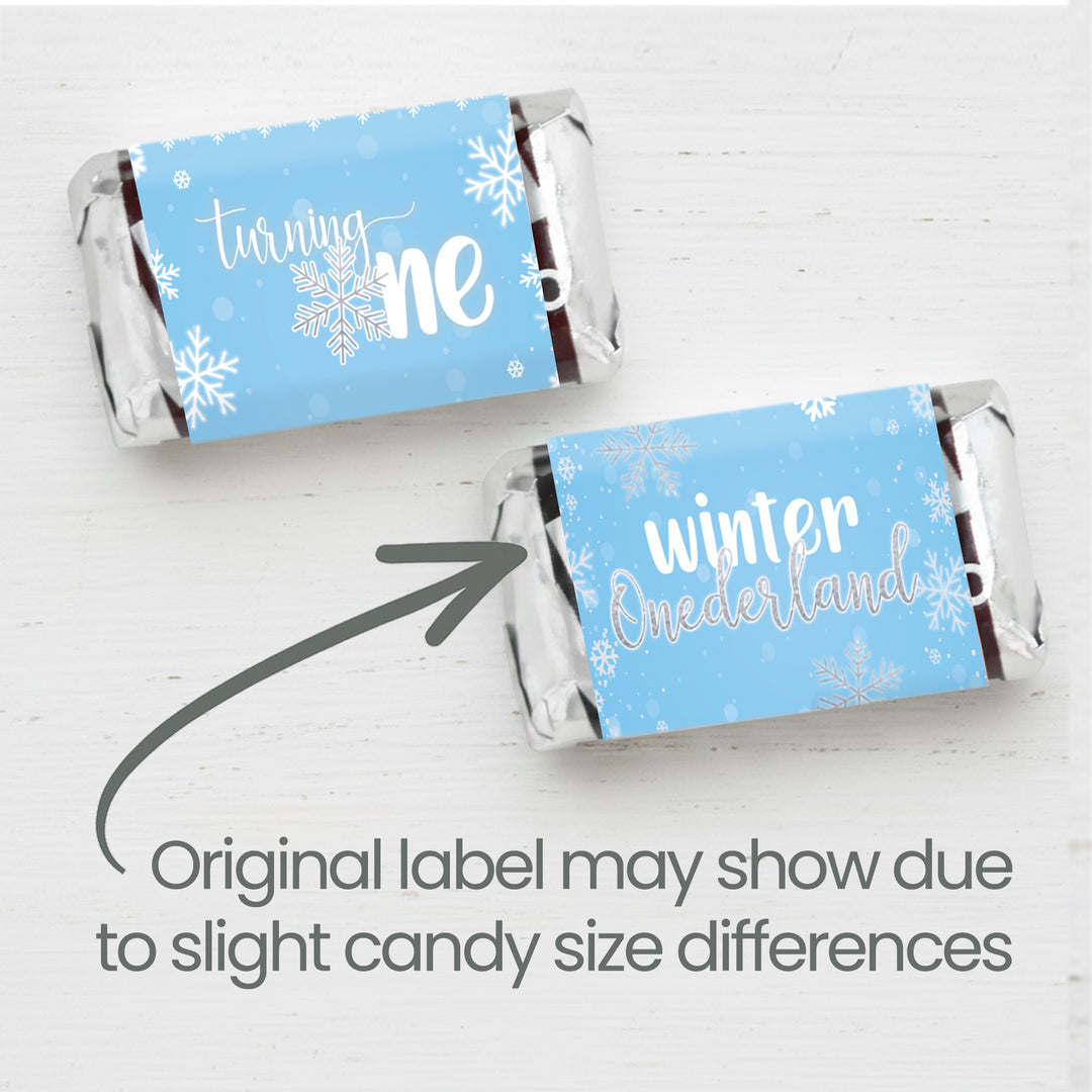 Onederland Copo de Nieve: Azul - Primer Cumpleaños de Invierno - Pegatinas Hershey's Miniatures Candy Bar Wrappers - 45 Pegatinas