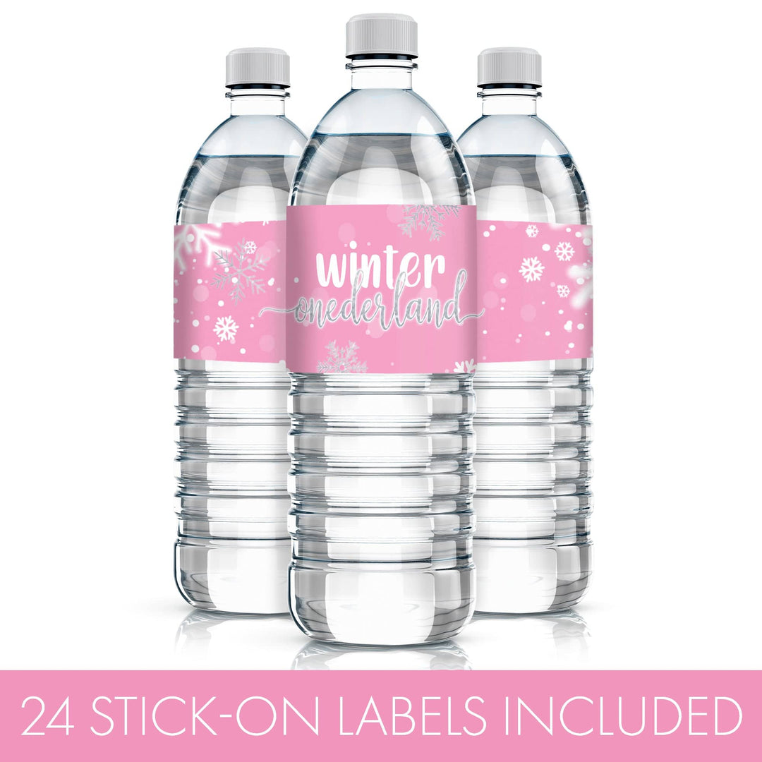 Onederland Snowflake: Pink-  Winter First Birthday - Water Bottle Labels - 24 Waterproof Stickers