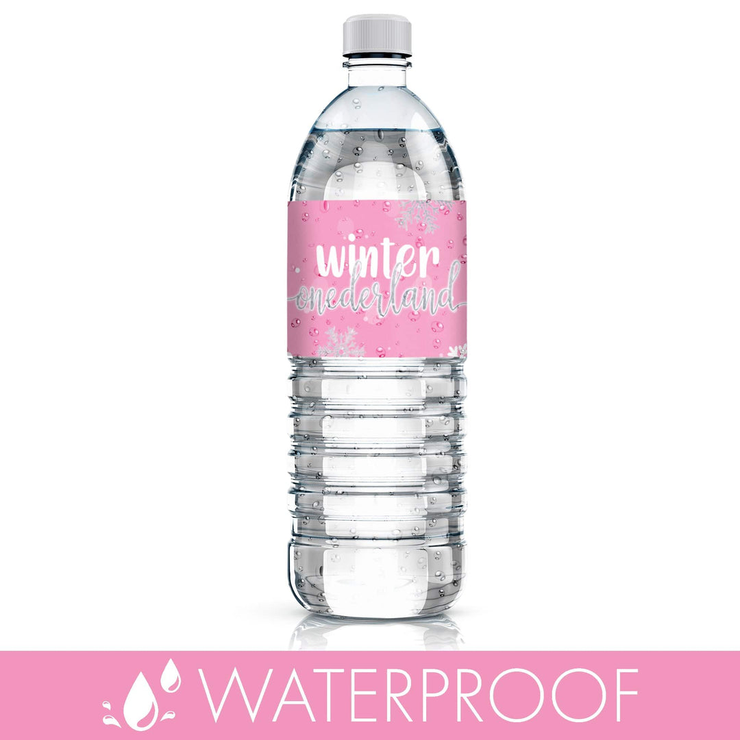 Onederland Snowflake: Pink-  Winter First Birthday - Water Bottle Labels - 24 Waterproof Stickers