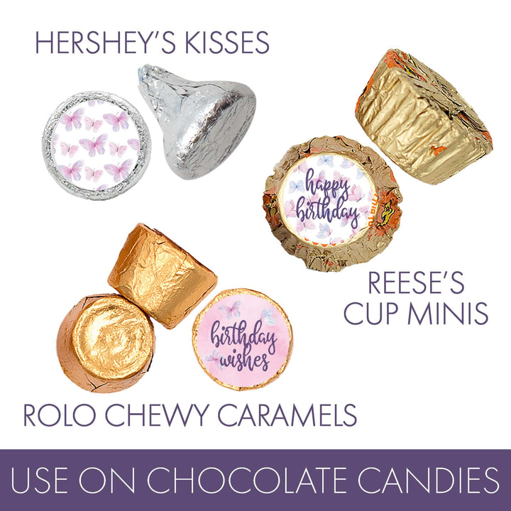 Butterfly Wishes: Purple & Pink - Kid's Birthday  - Party Favor Stickers - Fits on Hershey's Kisses, Spring - 180 Stickers