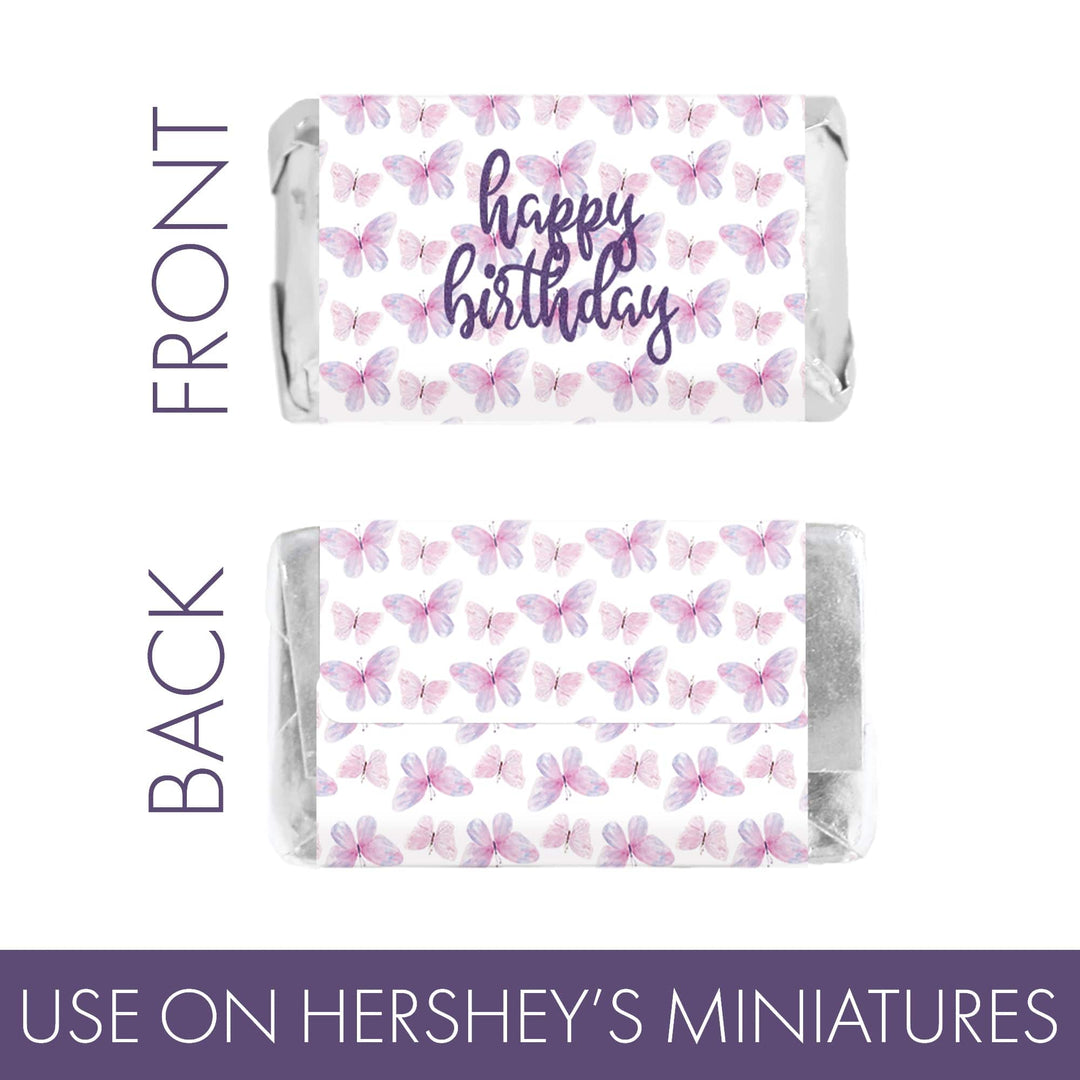 Butterfly Wishes: Purple & Pink - Kid's Birthday - Hershey's Miniatures Candy Bar Wrappers Stickers, Spring - 45 Stickers