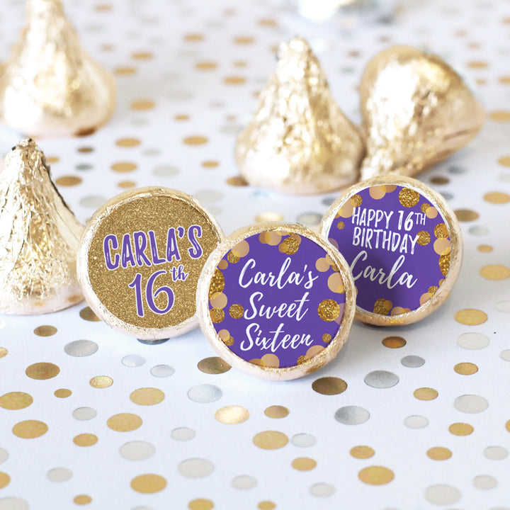 Dulces 16 personalizados: Púrpura y dorado - Pegatinas para regalos de fiesta de cumpleaños - Se adapta a Hershey's Kisses - 180 pegatinas