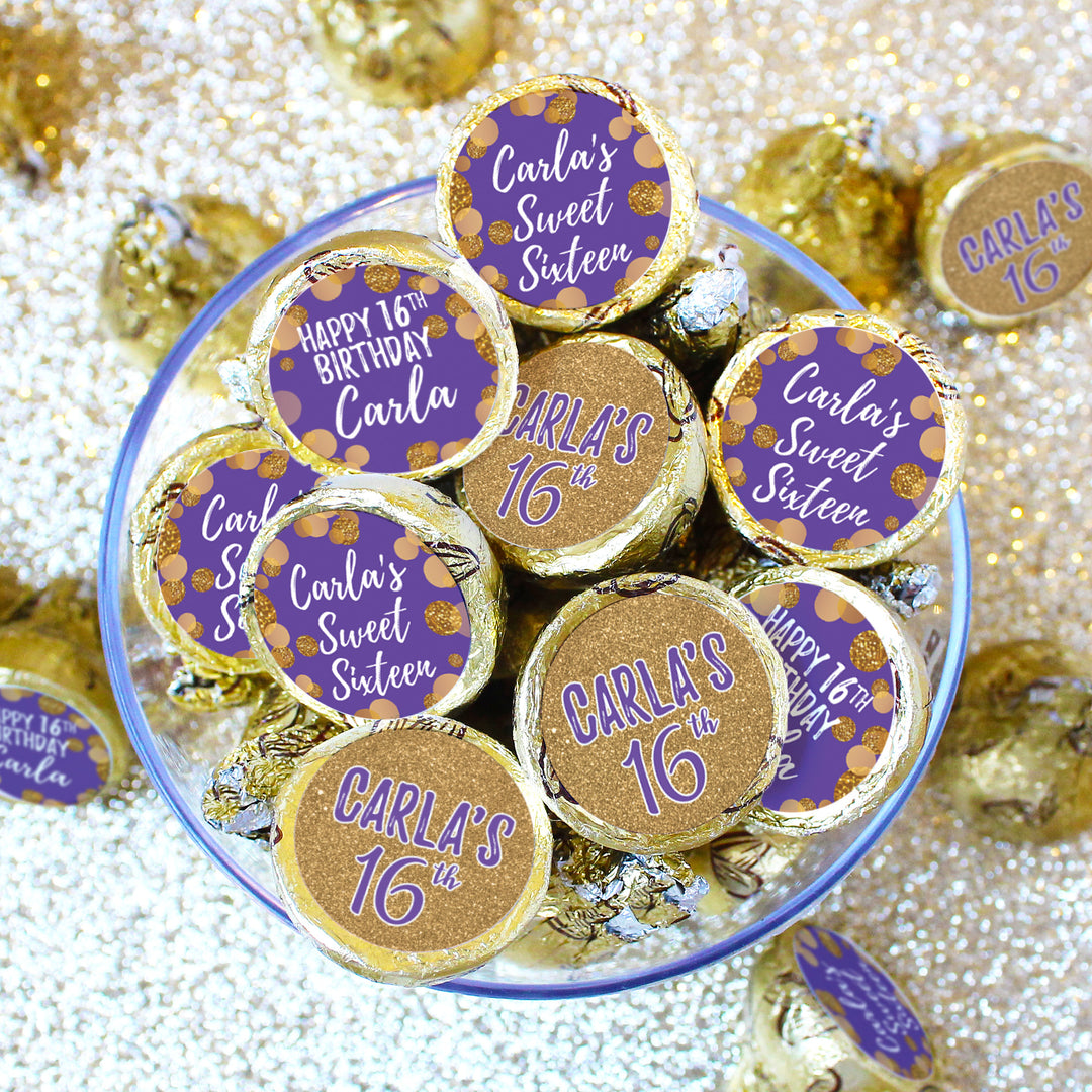 Personalized Sweet 16: Purple & Gold - Birthday Party Favor Stickers - Fits on Hershey's Kisses - 180 Stickers