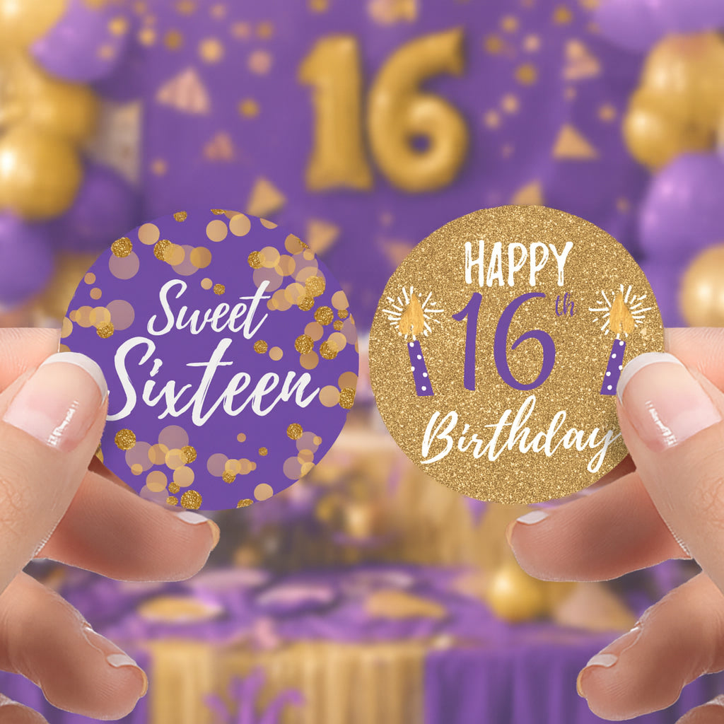 Dulces 16: Púrpura y Dorado - Pegatinas para recuerdos de fiesta de cumpleaños - 40 pegatinas