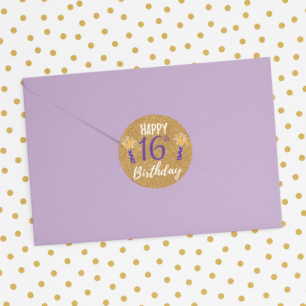 Dulces 16: Púrpura y Dorado - Pegatinas para recuerdos de fiesta de cumpleaños - 40 pegatinas