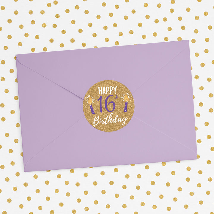 Dulces 16: Púrpura y Dorado - Pegatinas para recuerdos de fiesta de cumpleaños - 40 pegatinas