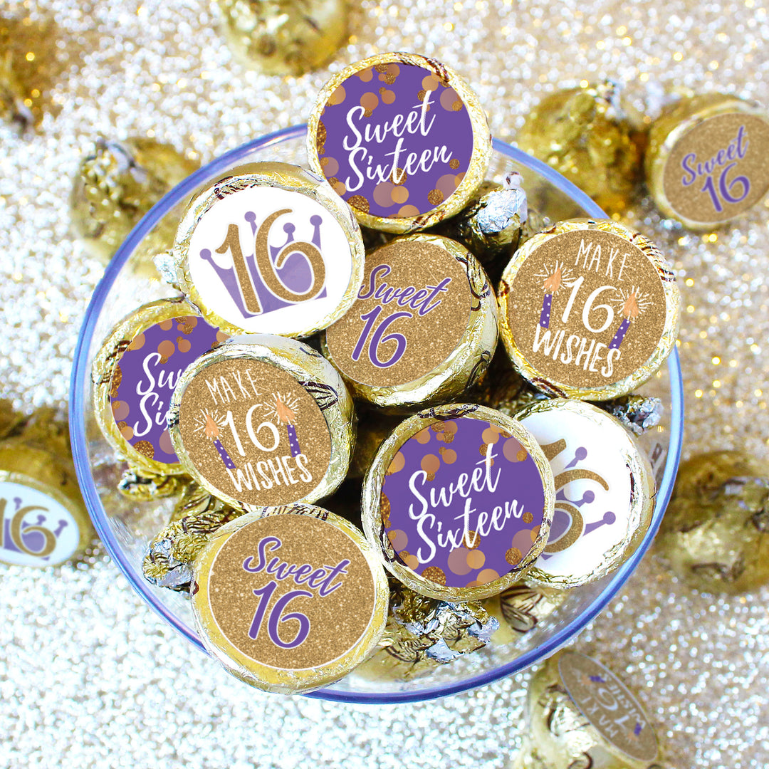 Sweet 16: Purple & Gold - Birthday Party Favor Stickers - Fits on Hershey's Kisses - 180 Stickers