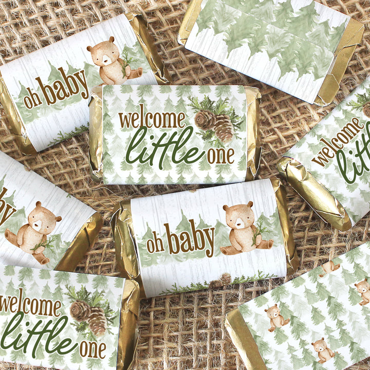 Woodland Bear: Mini etiquetas para barra de dulces para baby shower, 45 pegatinas