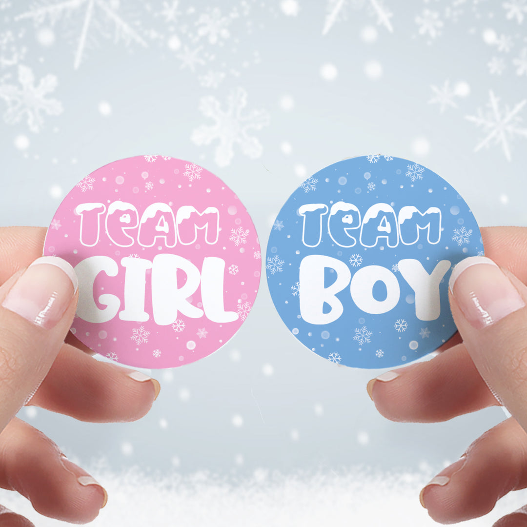 ¿Cuál será nuestro copo de nieve? Fiesta de revelación de género del bebé de invierno - Equipo azul o rosa para niño o niña - 40 pegatinas