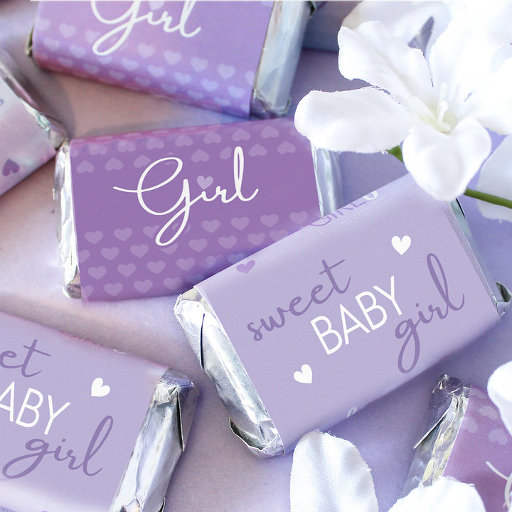 Sweet Baby Girl: Púrpura - Mini etiquetas para barra de dulces para baby shower - 45 pegatinas
