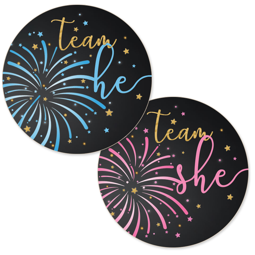 Fireworks Gender Reveal Party -Team He or Team She Stickers - 40 Stickers