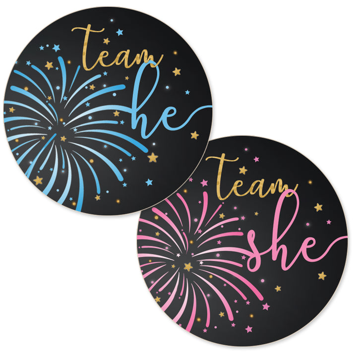 Fireworks Gender Reveal Party -Team He or Team She Stickers - 40 Stickers