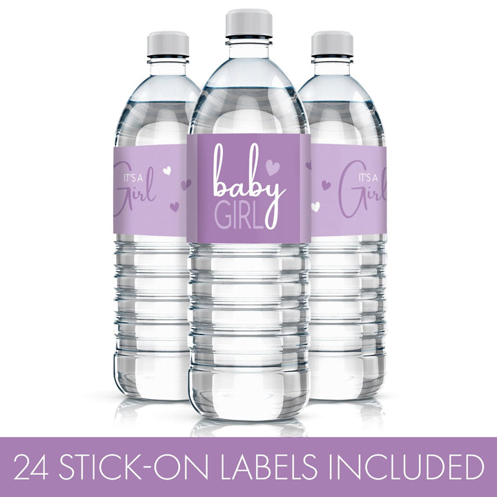 Sweet Baby Girl: Púrpura - Etiquetas para botellas de agua para baby shower - 24 pegatinas