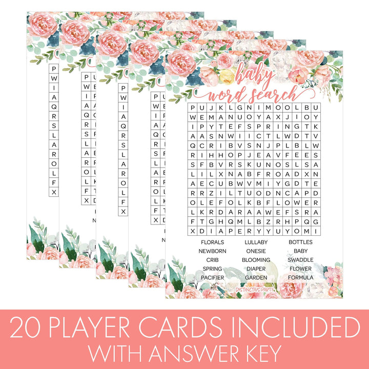 Pink Floral: Juego de Baby Shower - Búsqueda de palabras - Primavera, Niña - 20 Tarjetas