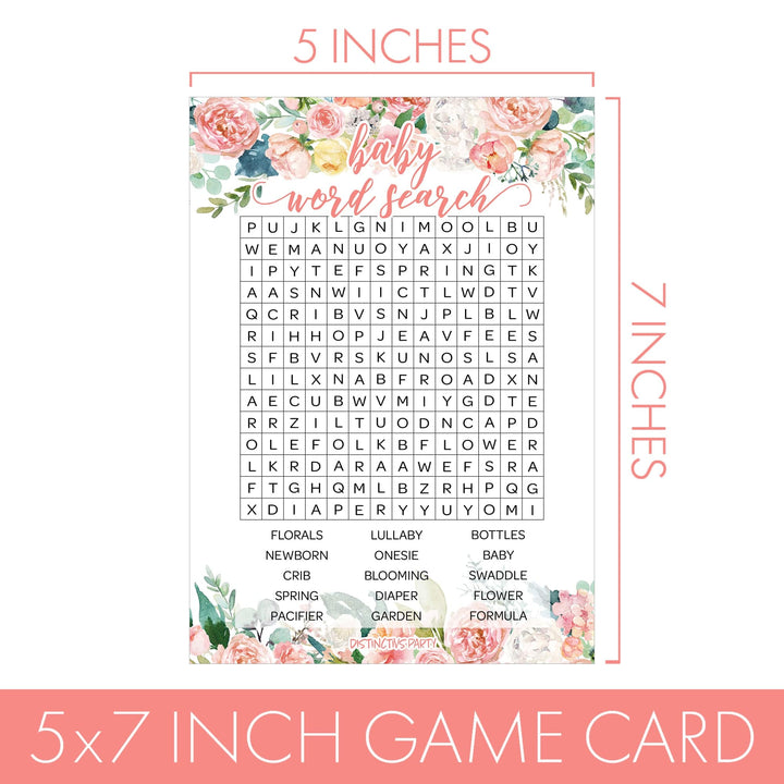 Pink Floral: Juego de Baby Shower - Búsqueda de palabras - Primavera, Niña - 20 Tarjetas