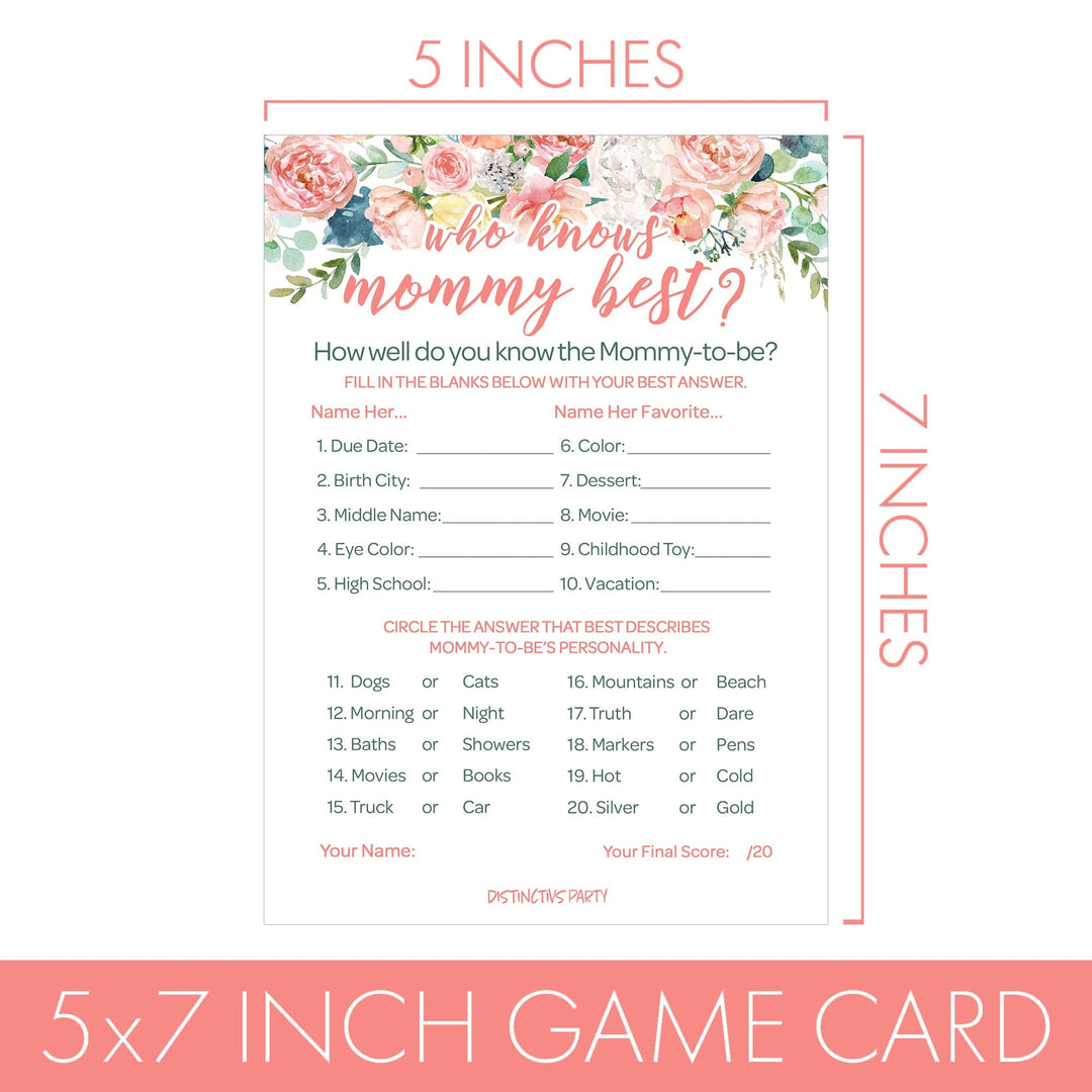 Pink Floral: Juego de baby shower - Quién conoce mejor a mamá - Primavera, niña - 20 tarjetas