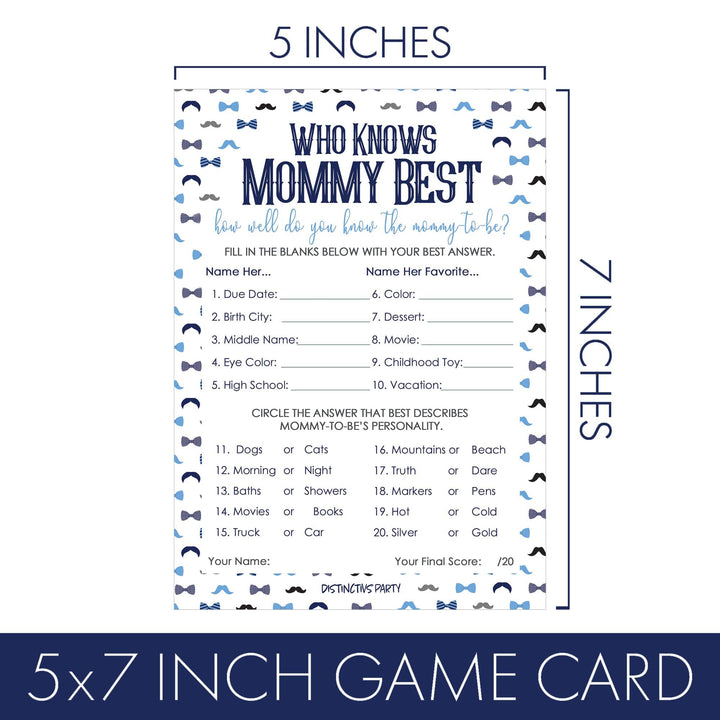 Little Man: Baby Shower Game - Quién conoce a mamá, las mejores cartas de juego - Niño, pajarita - 20 cartas