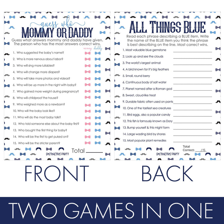 Little Man: Baby Shower Game - "Guess Who" Mommy or Daddy and All Things Blue - Paquete de dos juegos - Niño, pajarita - 20 tarjetas de doble cara