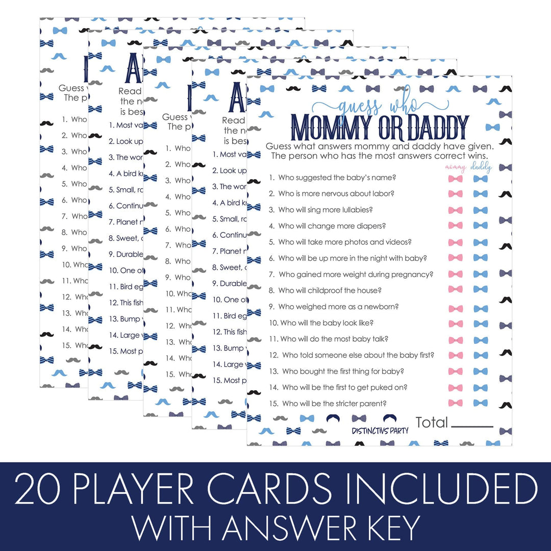 Little Man: Baby Shower Game - "Guess Who" Mommy or Daddy and All Things Blue - Paquete de dos juegos - Niño, pajarita - 20 tarjetas de doble cara