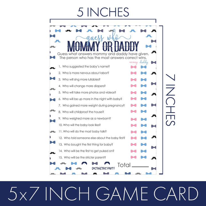 Little Man: Baby Shower Game - "Guess Who" Mommy or Daddy and All Things Blue - Paquete de dos juegos - Niño, pajarita - 20 tarjetas de doble cara