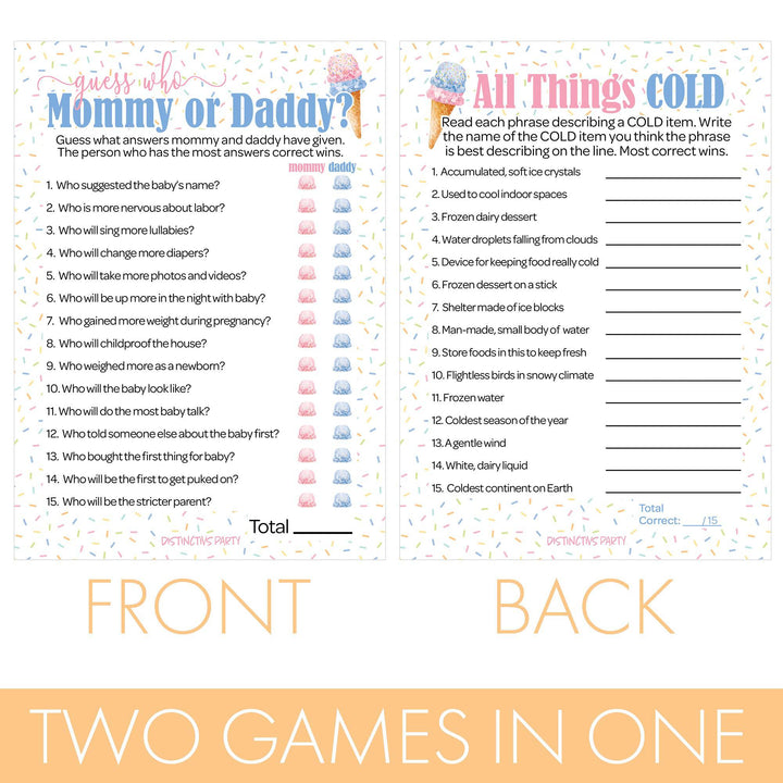 What's the Scoop: Ice Cream - Juego de fiesta de revelación de género - Paquete de dos juegos "Guess Who" Mommy or Daddy and All Things Cold - 20 tarjetas de doble cara