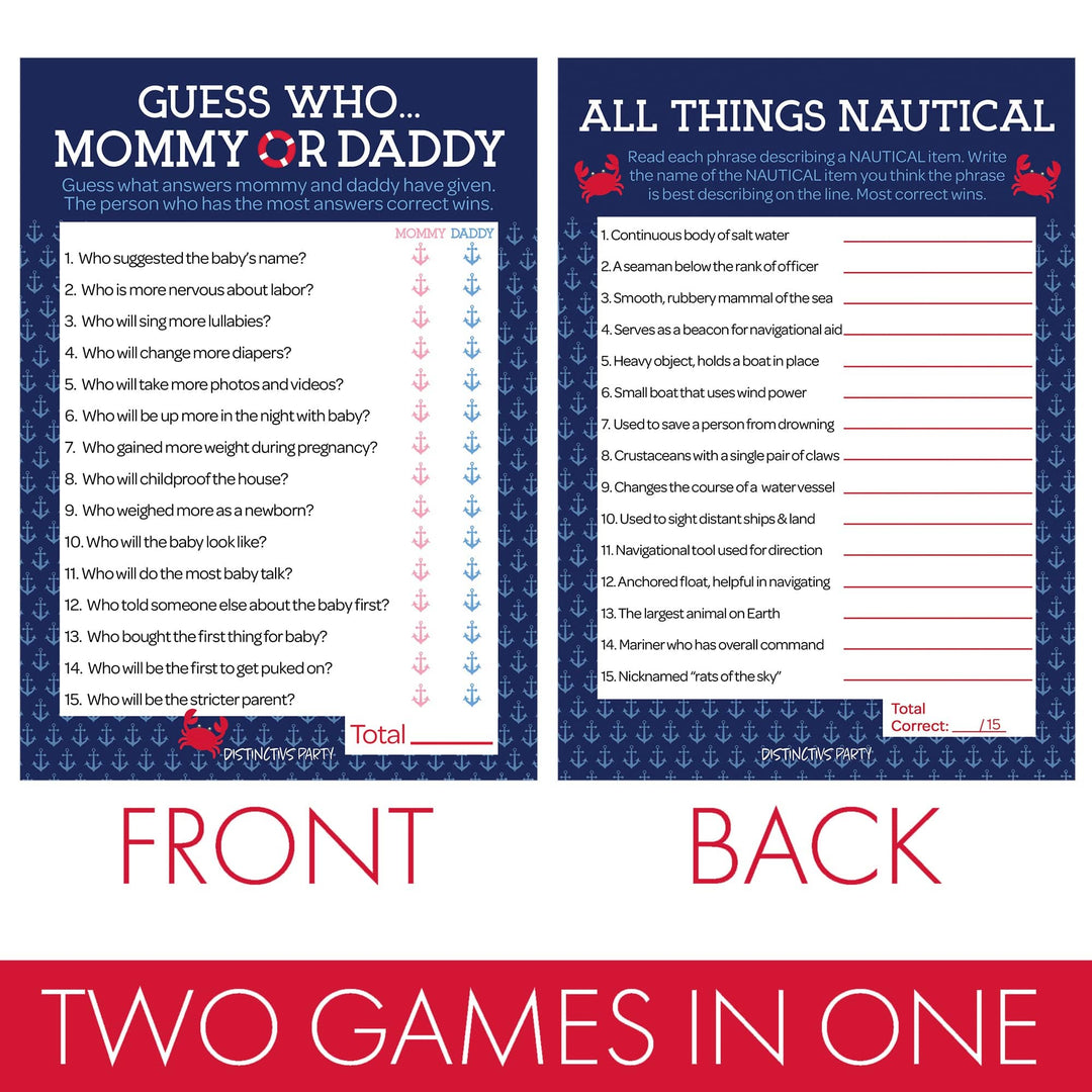 Ahoy It's a Boy: Baby Shower Game - "Guess Who" Mommy or Daddy and All Things Nautical - Paquete de dos juegos - 20 tarjetas de doble cara