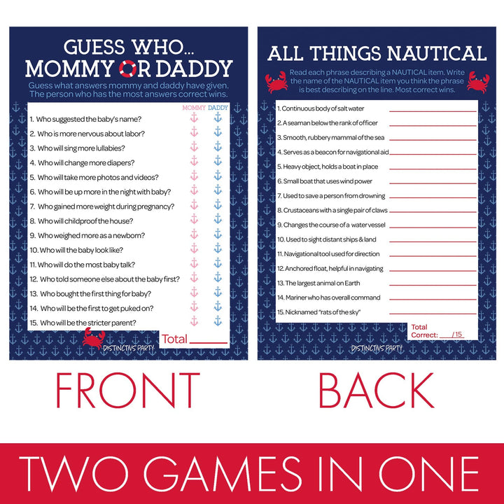 Ahoy It's a Boy: Baby Shower Game - "Guess Who" Mommy or Daddy and All Things Nautical - Paquete de dos juegos - 20 tarjetas de doble cara