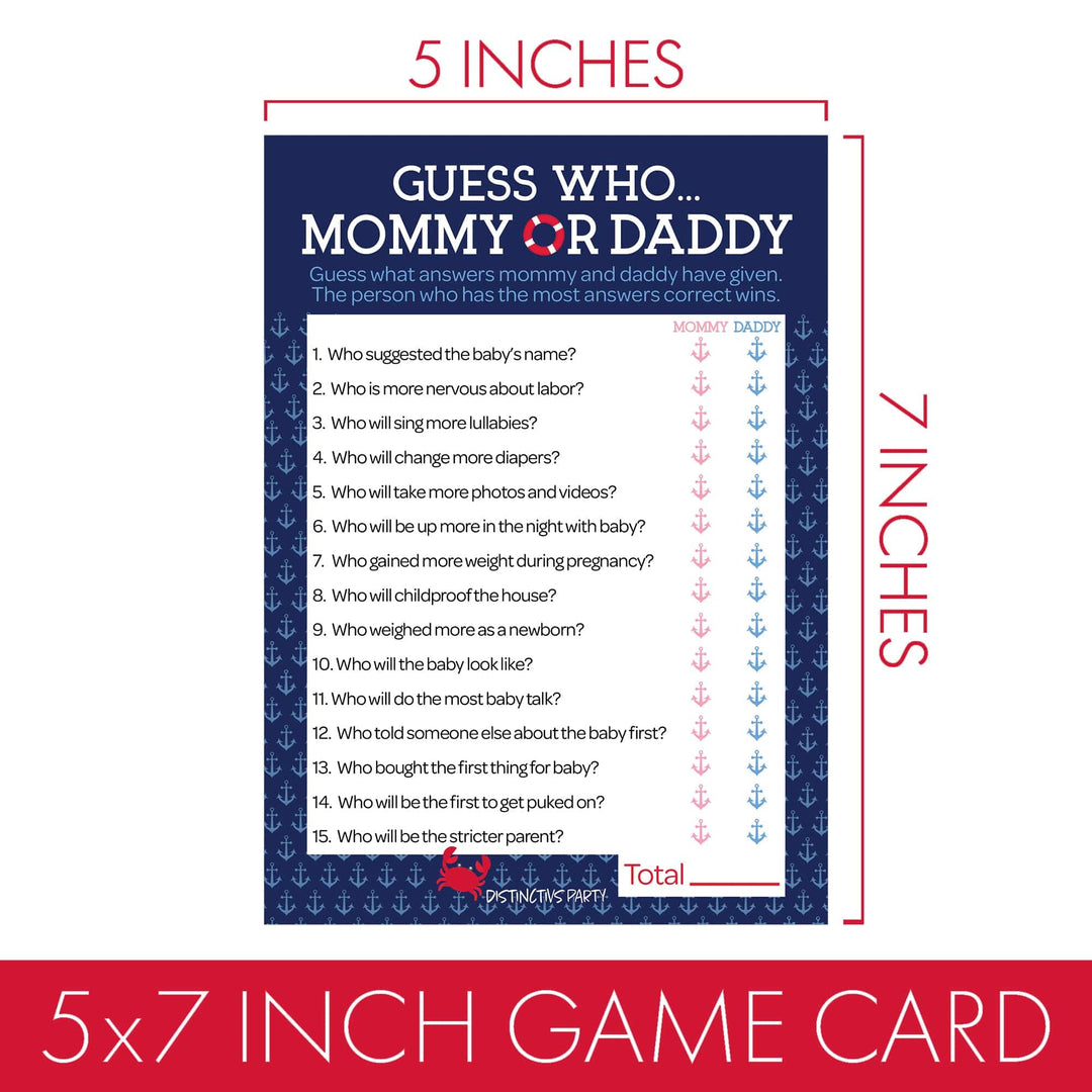 Ahoy It's a Boy: Baby Shower Game - "Guess Who" Mommy or Daddy and All Things Nautical - Paquete de dos juegos - 20 tarjetas de doble cara