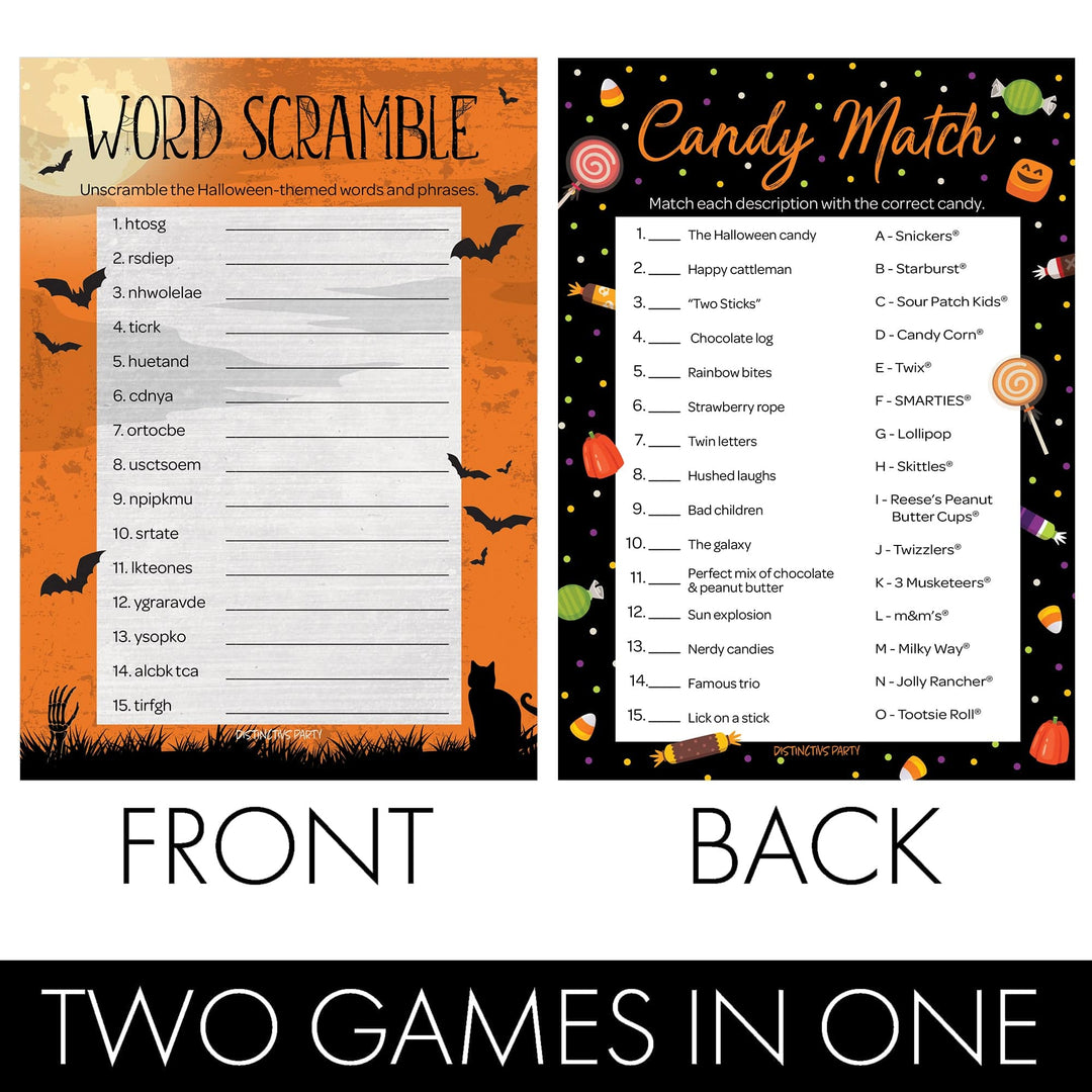 Luna Llena: Juego de fiesta de Halloween - Candy Match y Word Scramble - Paquete de dos juegos - 25 tarjetas de doble cara