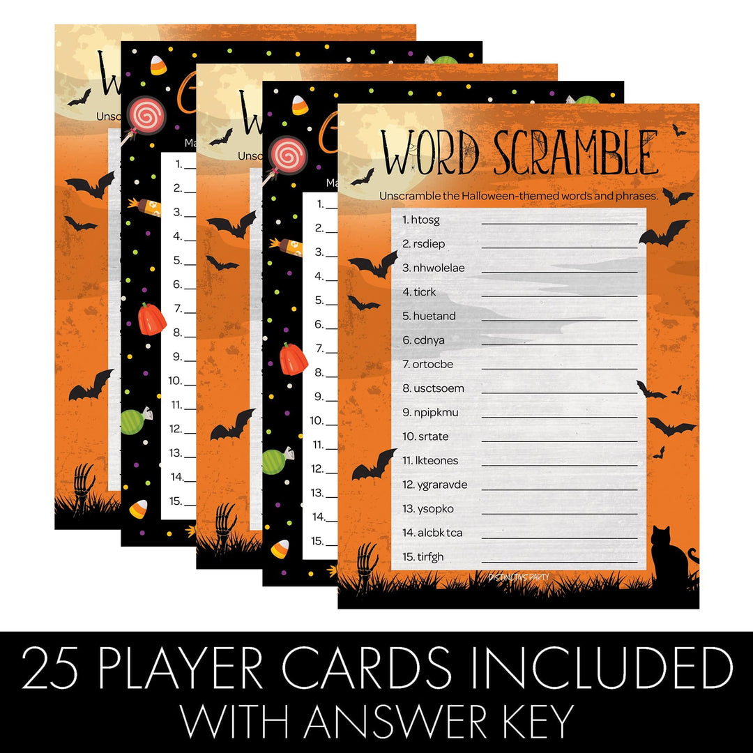 Luna Llena: Juego de fiesta de Halloween - Candy Match y Word Scramble - Paquete de dos juegos - 25 tarjetas de doble cara