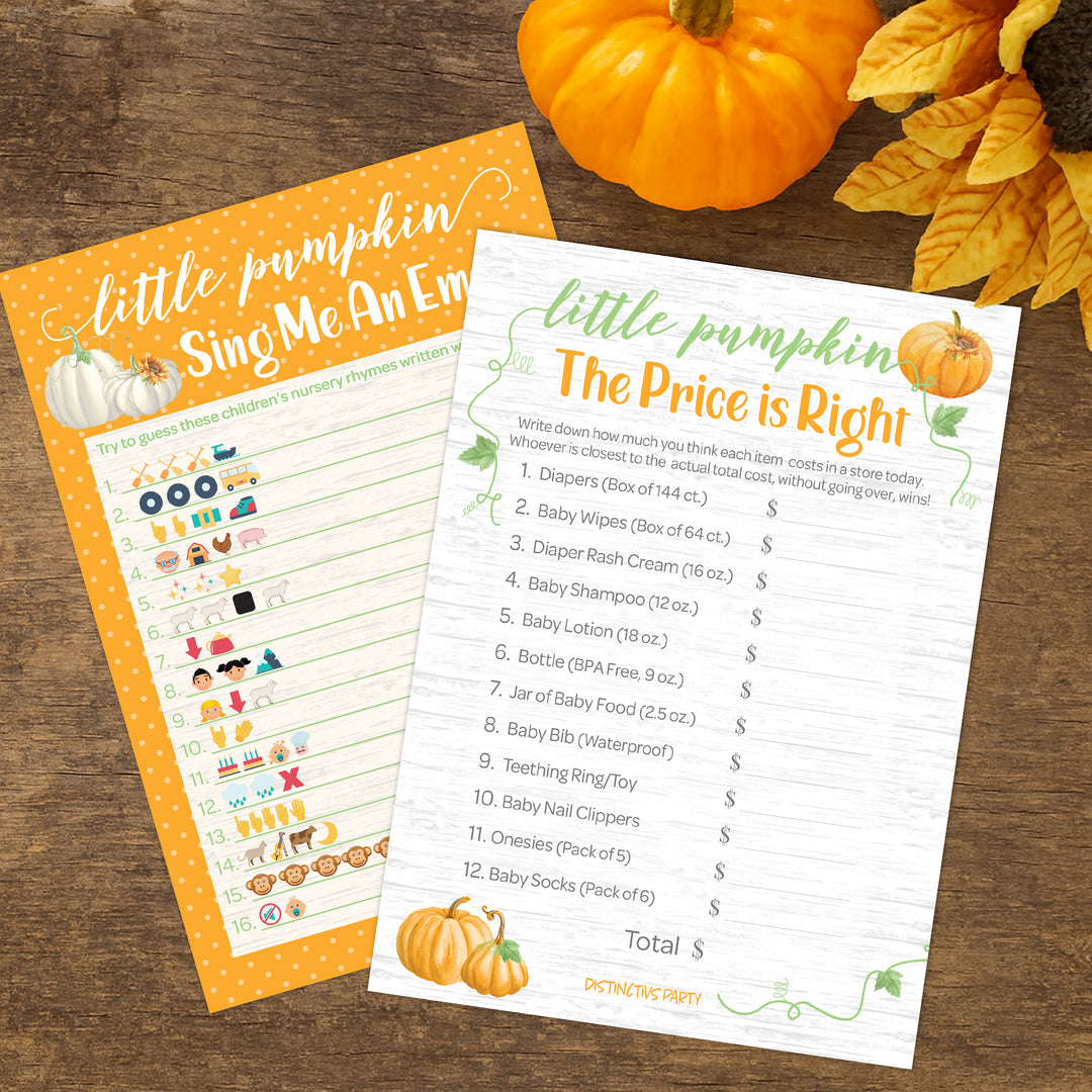 Little Pumpkin: Orange -  Baby Shower Game - Price is Right and Emoji Party Activity - Two Game Bundle - 20 Dual Sided Cards