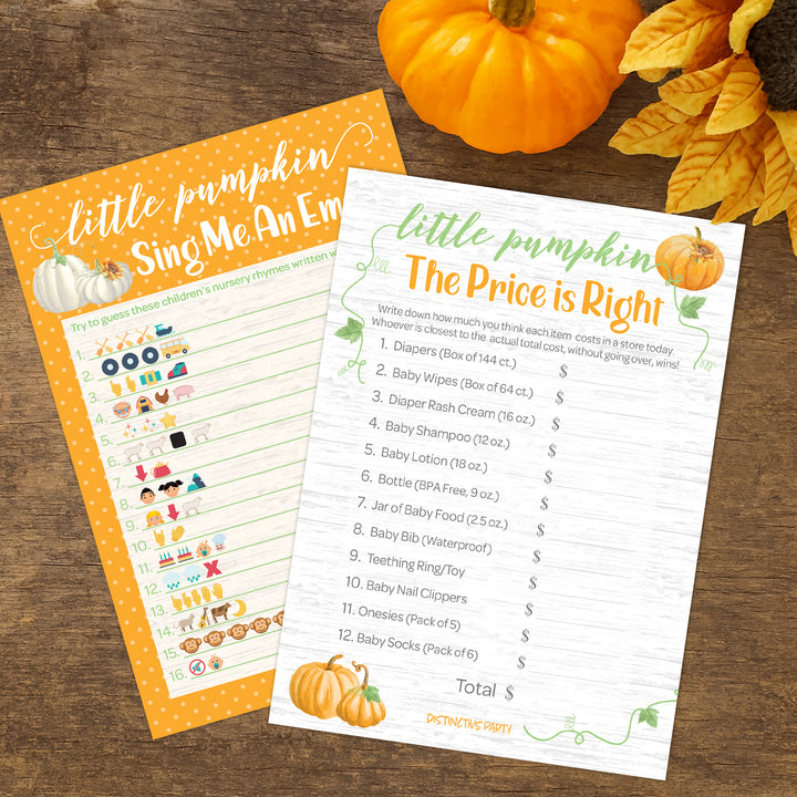 Little Pumpkin: Orange -  Baby Shower Game - Price is Right and Emoji Party Activity - Two Game Bundle - 20 Dual Sided Cards