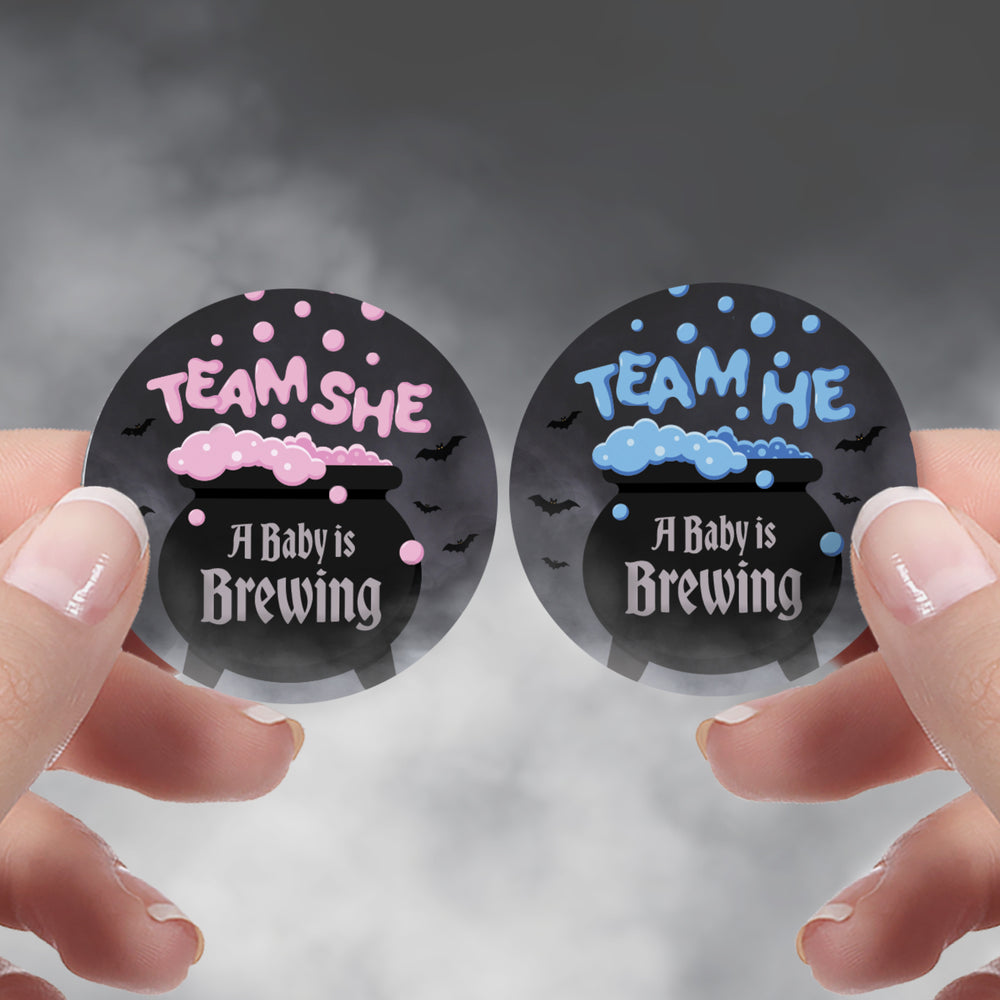 Halloween Gender Reveal Party: Pink and Blue Baby is Brewing- Baby Shower - Team He or Team She Voting - 40 Stickers - Distinctivs Party