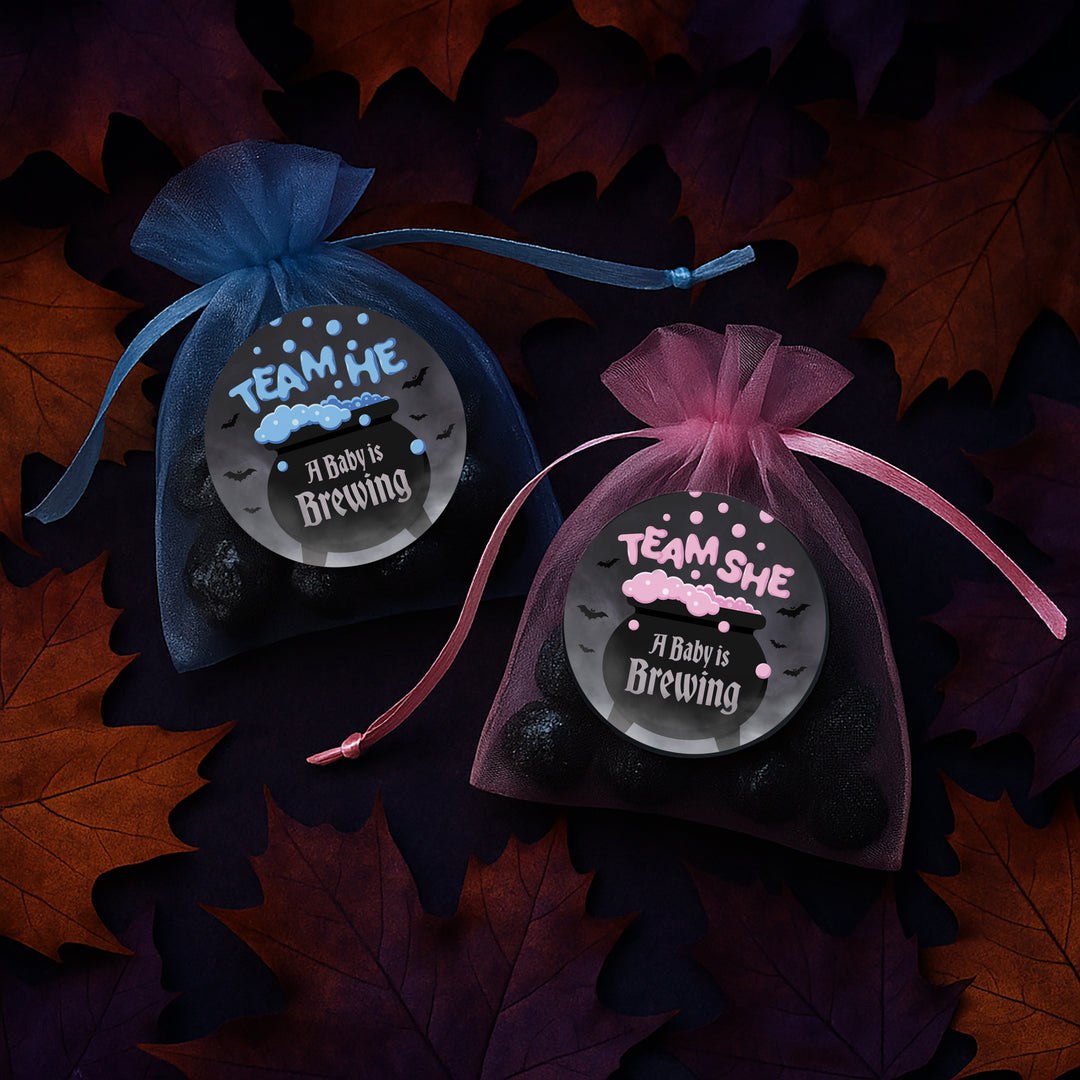 Halloween Gender Reveal Party: Pink and Blue Baby is Brewing- Baby Shower - Team He or Team She Voting - 40 Stickers