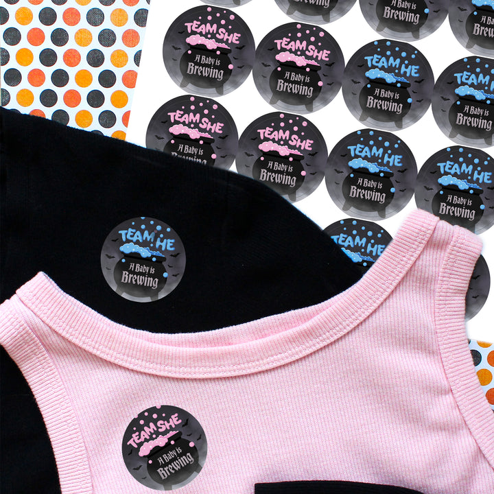 Halloween Gender Reveal Party: Pink and Blue Baby is Brewing- Baby Shower - Team He or Team She Voting - 40 Stickers - Distinctivs Party