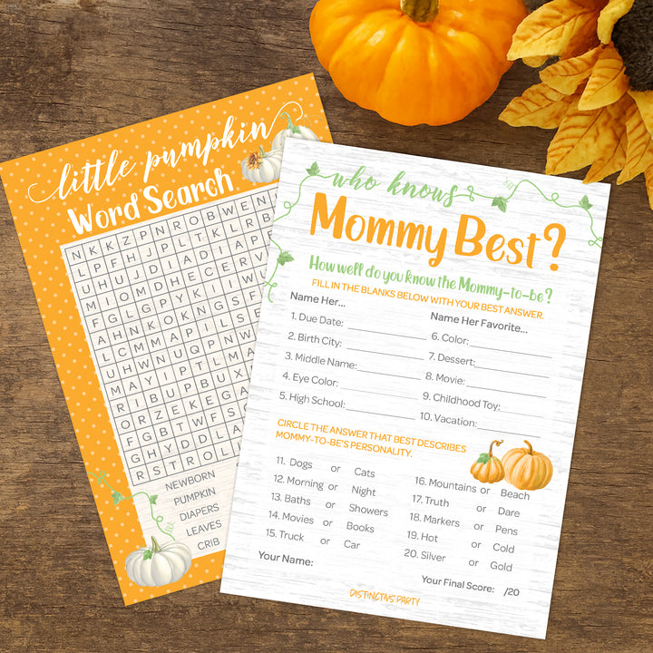 Little Pumpkin: Orange - Baby Shower Game - Word Search and Who Knows Mommy Best Party Activity - Two Game Bundle - 20 Dual Sided Cards