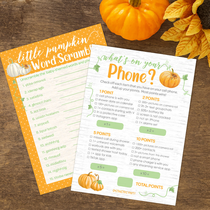Little Pumpkin: Orange -  Baby Shower Game  - What's On Your Phone and Word Scramble - Two Game Bundle - 20 Dual Sided Cards