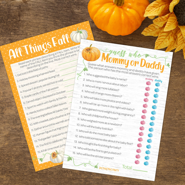 Little Pumpkin: Orange -  Baby Shower Game - "Guess Who" Mommy or Daddy and All things Fall Party Activity - Two Game Bundle - 20 Dual Sided Cards