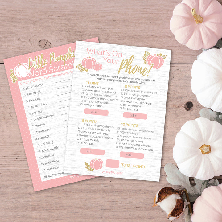 Little Pumpkin: Pink & Gold -  Baby Shower Game -  What's On Your Phone and Word Scramble Party Activity - Two Game Bundle -  Fall, Girl - 20 Dual Sided Cards
