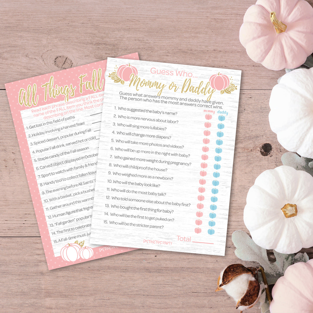 Little Pumpkin: Pink & Gold - Baby Shower Game - "Guess Who" Mommy or Daddy and All Things Fall Party Activity - Two Game Bundle - Fall, Girl -  20 Dual Sided Cards