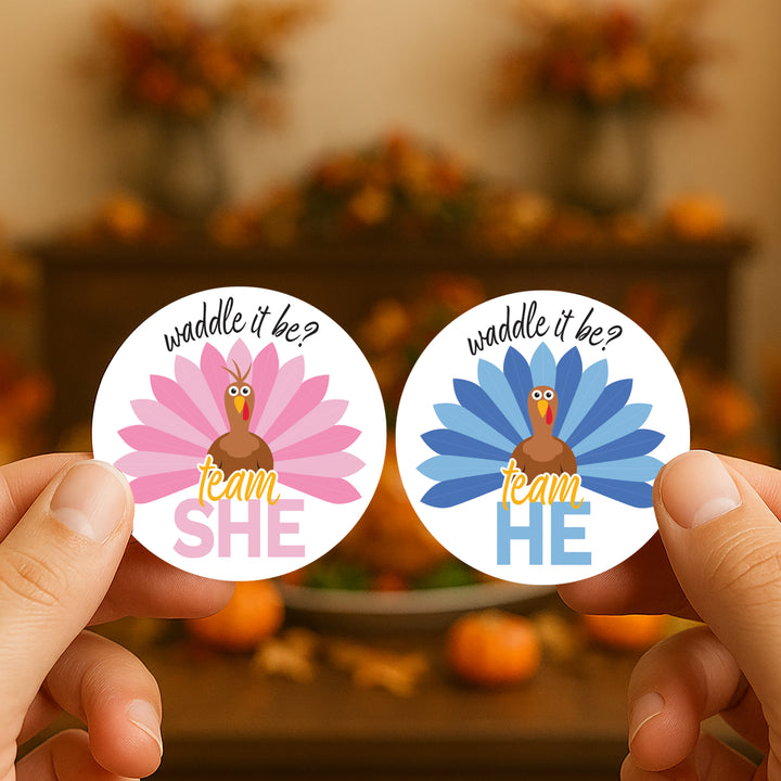 Thanksgiving Turkey Gender Reveal Stickers  - Team He or She - 40 Stickers