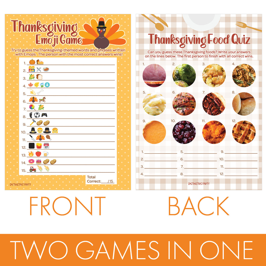 Thanksgiving Party Game Bundle - Emoji Guessing Game and Thanksgiving Food Quiz - 25 Dual-Sided Cards