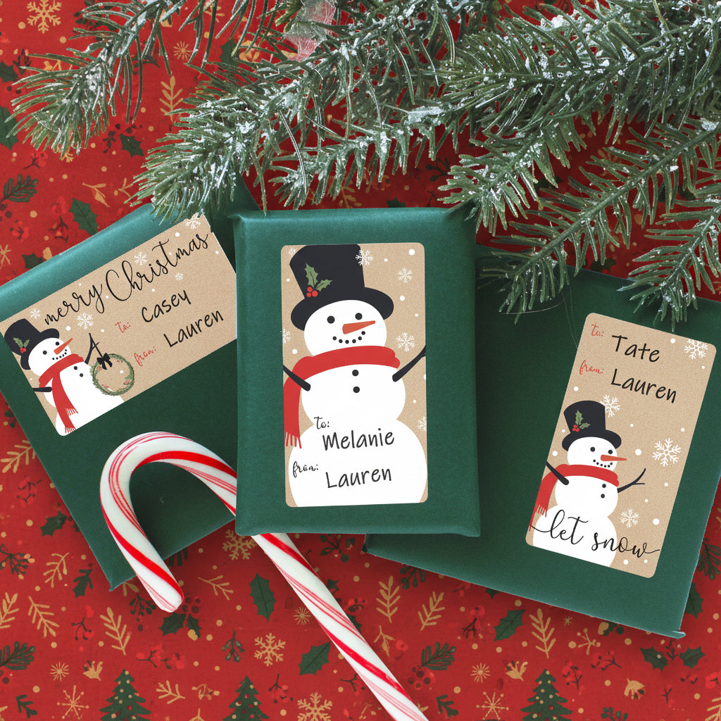 Christmas Gift Tag Stickers: Kraft Christmas - Snowman - 42 Stickers